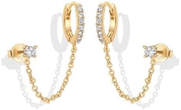 PAVOI 14K Gold Chain Earrings for Women Double Piercing Dangle Chain Huggie Hoop Earrings Cubic Zirconia Pearl Stud Ear Cuff Earrings for Women
