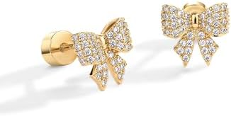 PAVOI 14K Gold Plated Dainty Flat Back Earrings For Women - Hypoallergenic Sterling Silver Posts Helix Cartilage Piercing Jewelry - Emoji Motif Bow Celestial Flatback Gold Stud Earrings Screw Back