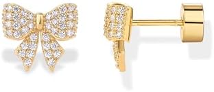 PAVOI 14K Gold Plated Dainty Flat Back Earrings for Women - Hypoallergenic Sterling Silver Posts Helix Cartilage Piercing Jewelry - Emoji Motif Bow Celestial Flatback Gold Stud Earrings Screw Back