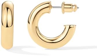 PAVOI 14K Gold Plated Lightweight Chunky Open Hoops for Women Trendy Gold Hoop Earrings