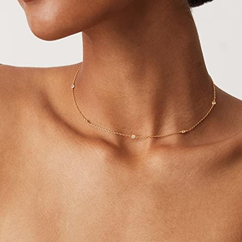 PAVOI 14K Gold Plated Station Necklace - Simulated Diamond BTY Layering Necklaces - Womens CZ Chain