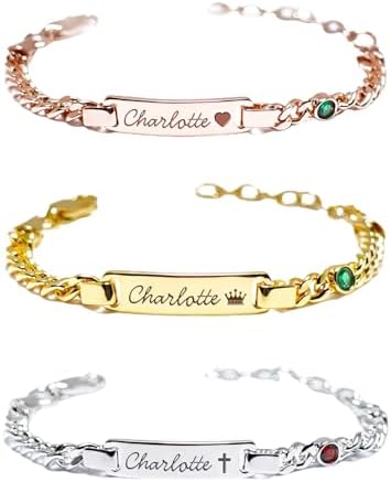 Personalized Baby Name Bracelets with Birthstone 18k Gold Plated Adjustable Length Double-Sided Customisable with Gift Wrap
