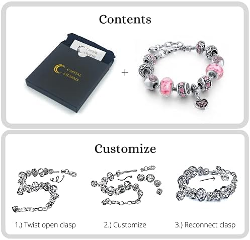 Pink Hearts Silver Plated Charm Bracelet Set Jewelry Gifts With Beads Charms And Adjustable Snake Chain Fits 7.5"+1.5"