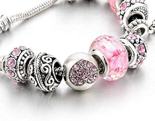 Pink Hearts Silver Plated Charm Bracelet Set Jewelry Gifts With Beads Charms And Adjustable Snake Chain Fits 7.5"+1.5"