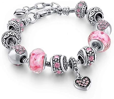 Pink Hearts Silver Plated Charm Bracelet Set Jewelry Gifts with Beads Charms and Adjustable Snake Chain Fits 7.5"+1.5"