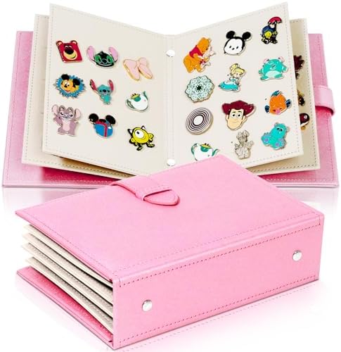 Portable Enamel Pin Album CollectHall Pin Trading Book to Display and Trade Your Pins 42 Pins Capacity PU Leather Pin Holder Fit Rubber Pin Back Pink