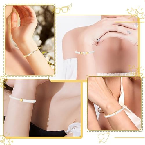 Preppy Bracelets Set Colorful White Gold Smile Heart Star Polymer Beaded Pearl Clay Stackable Charm Y2K Kidcore Aesthetic Summer Beach Bohemian Stretch Layering Bracelets Jewelry For Girls Women Teens