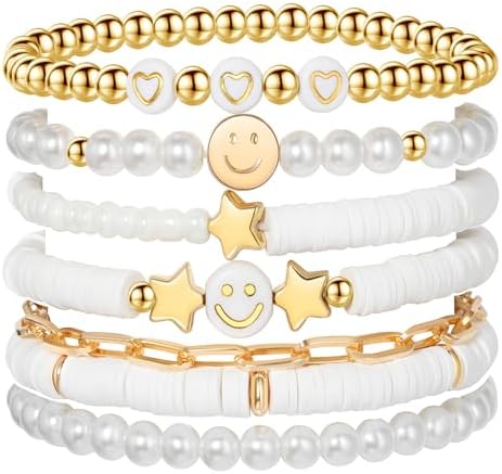 Preppy Bracelets Set Colorful White Gold Smile Heart Star Polymer Beaded Pearl Clay Stackable Charm Y2K Kidcore Aesthetic Summer Beach Bohemian Stretch Layering Bracelets Jewelry for Girls Women Teens