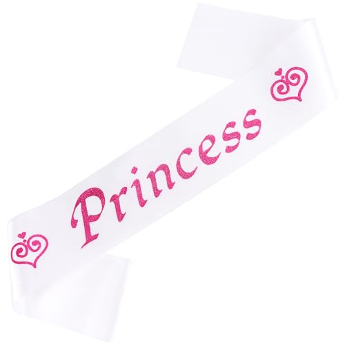 Princess Satin Sash for Women Girls White with Rose Red Glitter Letters with Pearl Brooch Pin Party Accessory Birthday Gifts Prom Photo Props Decorations Beauty Pageant Sashes