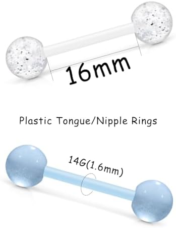 Prjndjw 48 件 14G 16mm 14MM 夜光舌环塑料柔性亚克力直杠铃身体穿孔首饰女士男士舌头 NIppie 穿孔