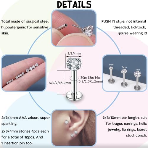 PunkTracker 13Pcs 20G/18G/16G Flat Back Earrings Stud 316L Surgical Stainless Steel Threadless Push In Nose Stud Tragus Helix Lip Medusa Piercing Jewelry