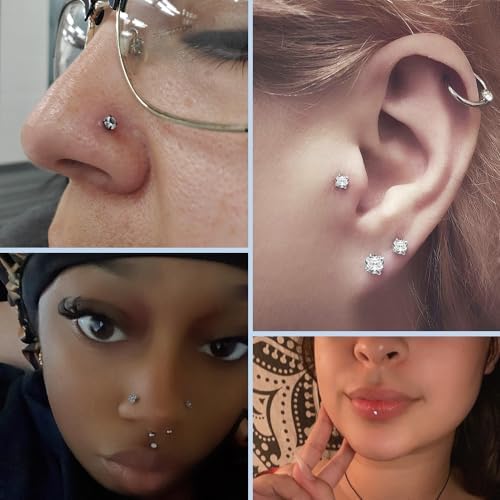 PunkTracker 13Pcs 20G/18G/16G Flat Back Earrings Stud 316L Surgical Stainless Steel Threadless Push In Nose Stud Tragus Helix Lip Medusa Piercing Jewelry