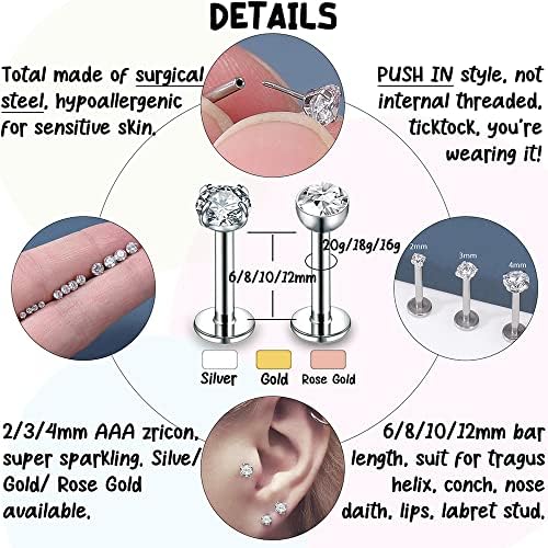 PunkTracker 16g/18g/20g Threadless Lip Rings Tragus Earrings Surgical Steel Helix Conch Cartilage Earrings Monroe Piercing Jewelry For Women Men Labret Studs