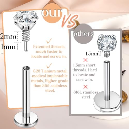 PunkTracker 16g/18g/20g Titanium Internal Thread CZ Stud Piercing Jewelry For Tragus Nose Helix Medusa Lip Labret - Helix Tragus Cartilage Earring For Women Men 3PCS