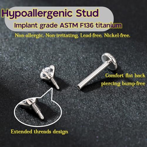 PunkTracker 16g/18g/20g Titanium Internal Thread CZ Stud Piercing Jewelry For Tragus Nose Helix Medusa Lip Labret - Helix Tragus Cartilage Earring For Women Men 3PCS