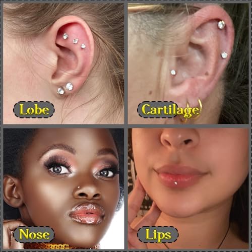 PunkTracker 16g/18g/20g Titanium Internal Thread CZ Stud Piercing Jewelry For Tragus Nose Helix Medusa Lip Labret - Helix Tragus Cartilage Earring For Women Men 3PCS