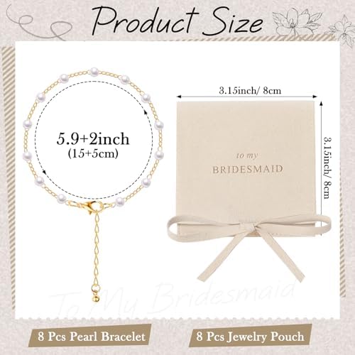Quelay 16 Pcs Jewelry Bridesmaid Gift Pearl Bracelet Microfiber Jewelry Bag Pouch Set Of 8 For Wedding Bridal Party Favor