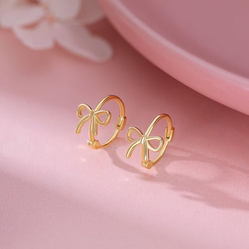 Reffeer Solid 925 Sterling Silver Bow Hoop Earrings Ribbon For Women Teen Girls Bowknot Hoop Earrings Huggie