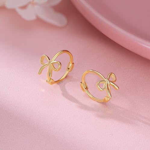 Reffeer Solid 925 Sterling Silver Bow Hoop Earrings Ribbon For Women Teen Girls Bowknot Hoop Earrings Huggie