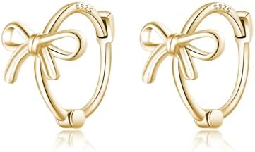 Reffeer Solid 925 Sterling Silver Bow Hoop Earrings Ribbon for Women Teen Girls Bowknot Hoop Earrings Huggie