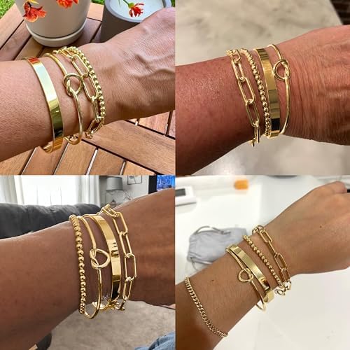 Reoxvo Gold Plated Bangle Cuff Bracelets For Women Non Tarnish Gold Bracelet Stack Jewelry Set For Women Trendy