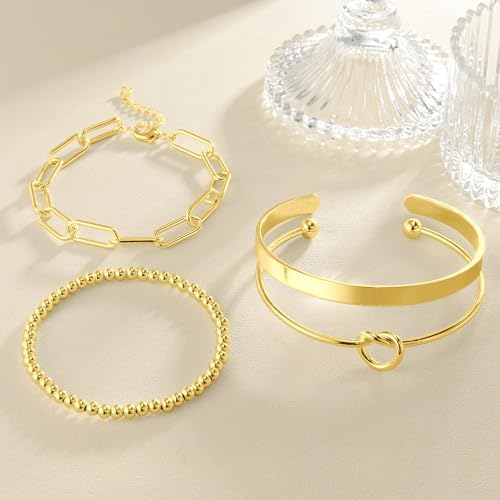 Reoxvo Gold Plated Bangle Cuff Bracelets For Women Non Tarnish Gold Bracelet Stack Jewelry Set For Women Trendy