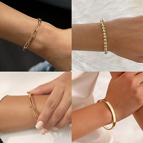 Reoxvo Gold Plated Bangle Cuff Bracelets For Women Non Tarnish Gold Bracelet Stack Jewelry Set For Women Trendy