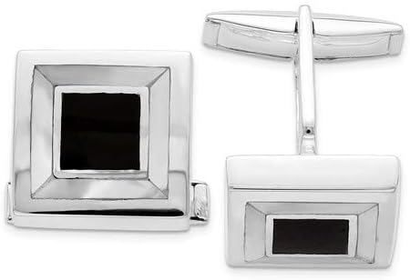 Rhodium-Plated Sterling Silver Mother Of Pearl Black Enamel Square Cuff Links