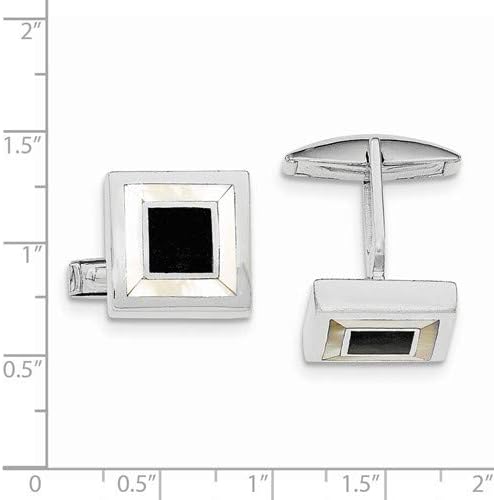 Rhodium-Plated Sterling Silver Mother Of Pearl Black Enamel Square Cuff Links