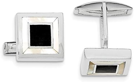 Rhodium-Plated Sterling Silver Mother of Pearl Black Enamel Square Cuff Links