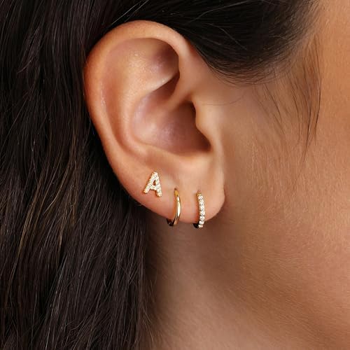 Ritach Gold Earrings For Women Girls - 3 Pairs CZ Initial Stud Earrings Stacks Gold Huggie Hoop Earrings For Women Girls Teen Girl Gifts Hypoallergenic Earrings Set For Multiple Piercing