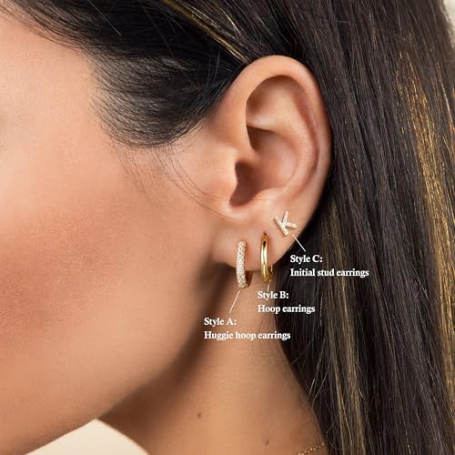 Ritach Gold Earrings For Women Girls - 3 Pairs CZ Initial Stud Earrings Stacks Gold Huggie Hoop Earrings For Women Girls Teen Girl Gifts Hypoallergenic Earrings Set For Multiple Piercing