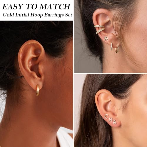 Ritach Gold Earrings For Women Girls - 3 Pairs CZ Initial Stud Earrings Stacks Gold Huggie Hoop Earrings For Women Girls Teen Girl Gifts Hypoallergenic Earrings Set For Multiple Piercing