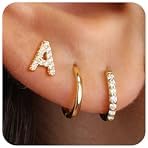 Ritach Gold Earrings for Women Girls - 3 Pairs CZ Initial Stud Earrings Stacks Gold Huggie Hoop Earrings for Women Girls Teen Girl Gifts Hypoallergenic Earrings Set for Multiple Piercing