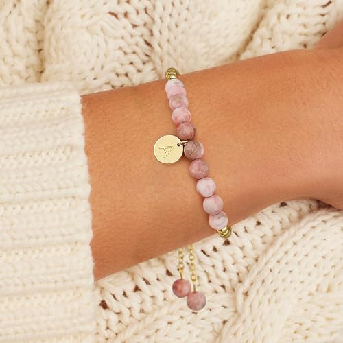 Ritach Initial Bracelets For Girls - Pink Zebra Natural Stone Bracelet Real Gold Plated Beaded Bracelets Adjustable Disc Initial Bracelets For Girls Kids Teen Girl Gifts