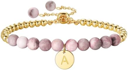 Ritach Initial Bracelets for Girls - Pink Zebra Natural Stone Bracelet Real Gold Plated Beaded Bracelets Adjustable Disc Initial Bracelets for Girls Kids Teen Girl Gifts