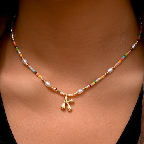 Ritach Initial Necklaces For Women Girls - Light Colorful Beaded Pearl Initial Necklace Real Gold Plated Bubble Pendant Letter Necklaces For Women Teen Girl Gifts Trendy Stuff