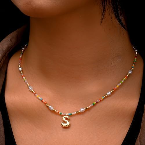 Ritach Initial Necklaces For Women Girls - Light Colorful Beaded Pearl Initial Necklace Real Gold Plated Bubble Pendant Letter Necklaces For Women Teen Girl Gifts Trendy Stuff