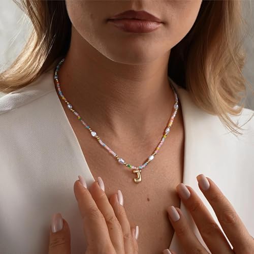 Ritach Initial Necklaces For Women Girls - Light Colorful Beaded Pearl Initial Necklace Real Gold Plated Bubble Pendant Letter Necklaces For Women Teen Girl Gifts Trendy Stuff