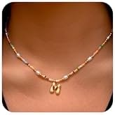 Ritach Initial Necklaces for Women Girls - Light Colorful Beaded Pearl Initial Necklace Real Gold Plated Bubble Pendant Letter Necklaces for Women Teen Girl Gifts Trendy Stuff