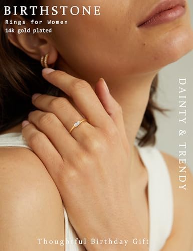 RLMOON Gold Birthstone Rings For Women Non Tarnish Gold Stackable Rings Dainty 14K Gold/Silver Plated Baguette CZ Emerald Green Ring Personalized Jewelry Gift For Birthday Size 4-10