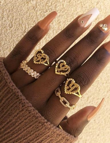 RLMOON Gold Initial Rings For Women Non Tarnish 14K Gold Plated Vintage Heart Thumb Rings Personalized Carved Letter Statement Stackable Rings Size 6-10 Jewelry Gifts