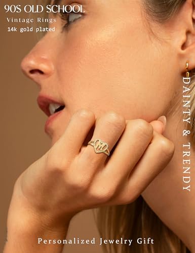 RLMOON Gold Initial Rings For Women Non Tarnish 14K Gold Plated Vintage Heart Thumb Rings Personalized Carved Letter Statement Stackable Rings Size 6-10 Jewelry Gifts