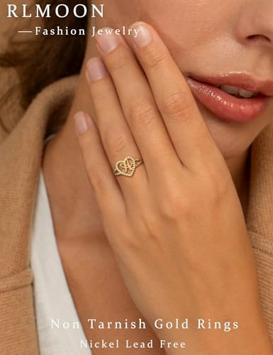 RLMOON Gold Initial Rings For Women Non Tarnish 14K Gold Plated Vintage Heart Thumb Rings Personalized Carved Letter Statement Stackable Rings Size 6-10 Jewelry Gifts