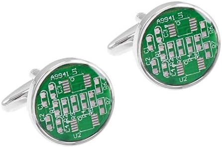Round Green Circuit Board Computer Chip Motherboard Geeky Nerd PCB Cufflinks