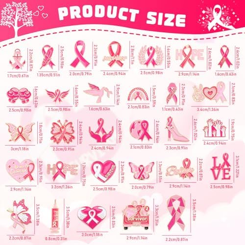 SANNIX 60Pcs Breast Cancer Pins Breast Cancer Awareness Lapel Pins Pink Ribbon Brooch Badge Pins For Breast Cancer Survivor Month Charity Event 30 Styles