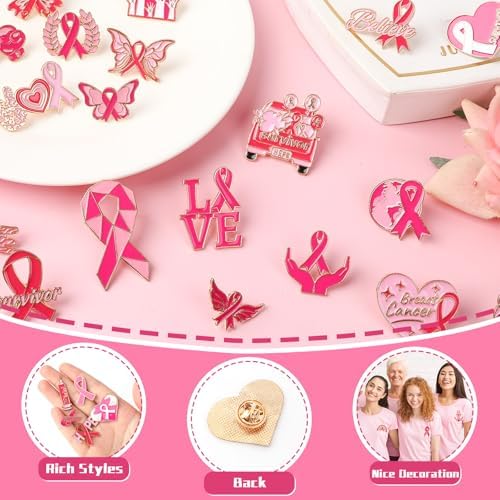 SANNIX 60Pcs Breast Cancer Pins Breast Cancer Awareness Lapel Pins Pink Ribbon Brooch Badge Pins For Breast Cancer Survivor Month Charity Event 30 Styles