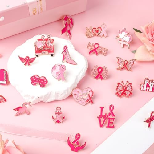 SANNIX 60Pcs Breast Cancer Pins Pink Ribbon Enamel Lapel Pins Brooch Badge Bulk For Breast Cancer Awareness Accessories Survivor Month Charity Event Party Favors 30 Styles