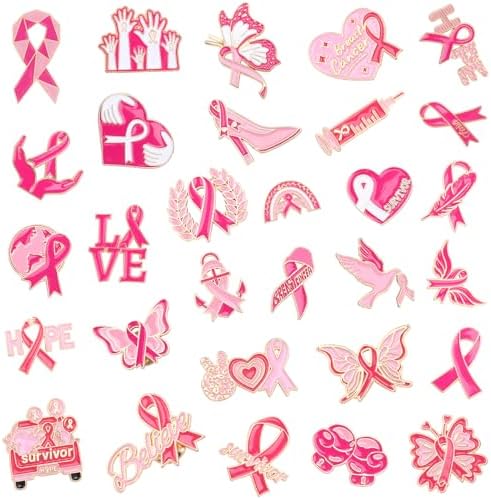 SANNIX 60Pcs Breast Cancer Pins Pink Ribbon Enamel Lapel Pins Brooch Badge Bulk for Breast Cancer Awareness Accessories Survivor Month Charity Event Party Favors 30 Styles