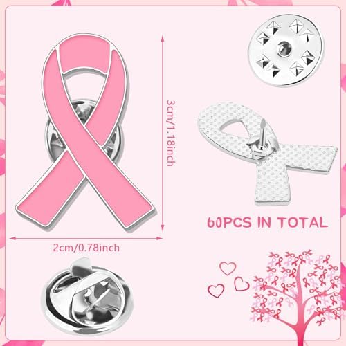 SANNIX 60Pcs Breast Cancer Pins Pink Ribbon Lapel Pins Breast Cancer Awareness Brooch Pink Hope Ribbon Badge For Women Girls Breast Cancer Awareness Accessories